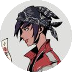 Profile picture of Telegram @oxbosonax: a drawn character in a black bandana and red jacket holding playing cards