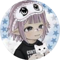 Profile picture of Telegram @oxbsn_x: a drawn character with lilac hair, a sleep mask and a white cat