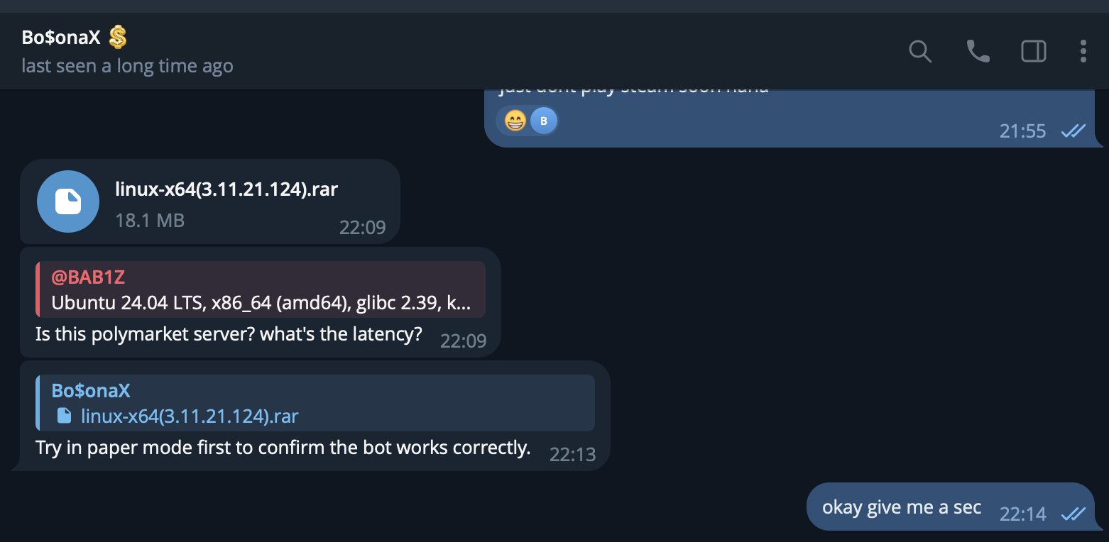 Telegram chat with Bo$onaX: at 22:09 he sends linux-x64(3.11.21.124).rar; at 22:13 he writes Try in paper mode first to confirm the bot works correctly